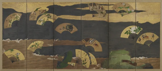 Fächer und Wolken über Felsen und Wasser, Edo-Periode